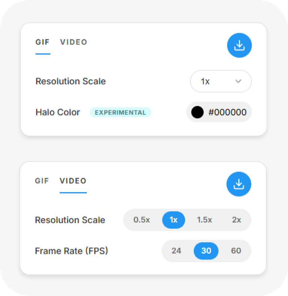 Lottiemon GIF and video export options — resolution scale and frame rate